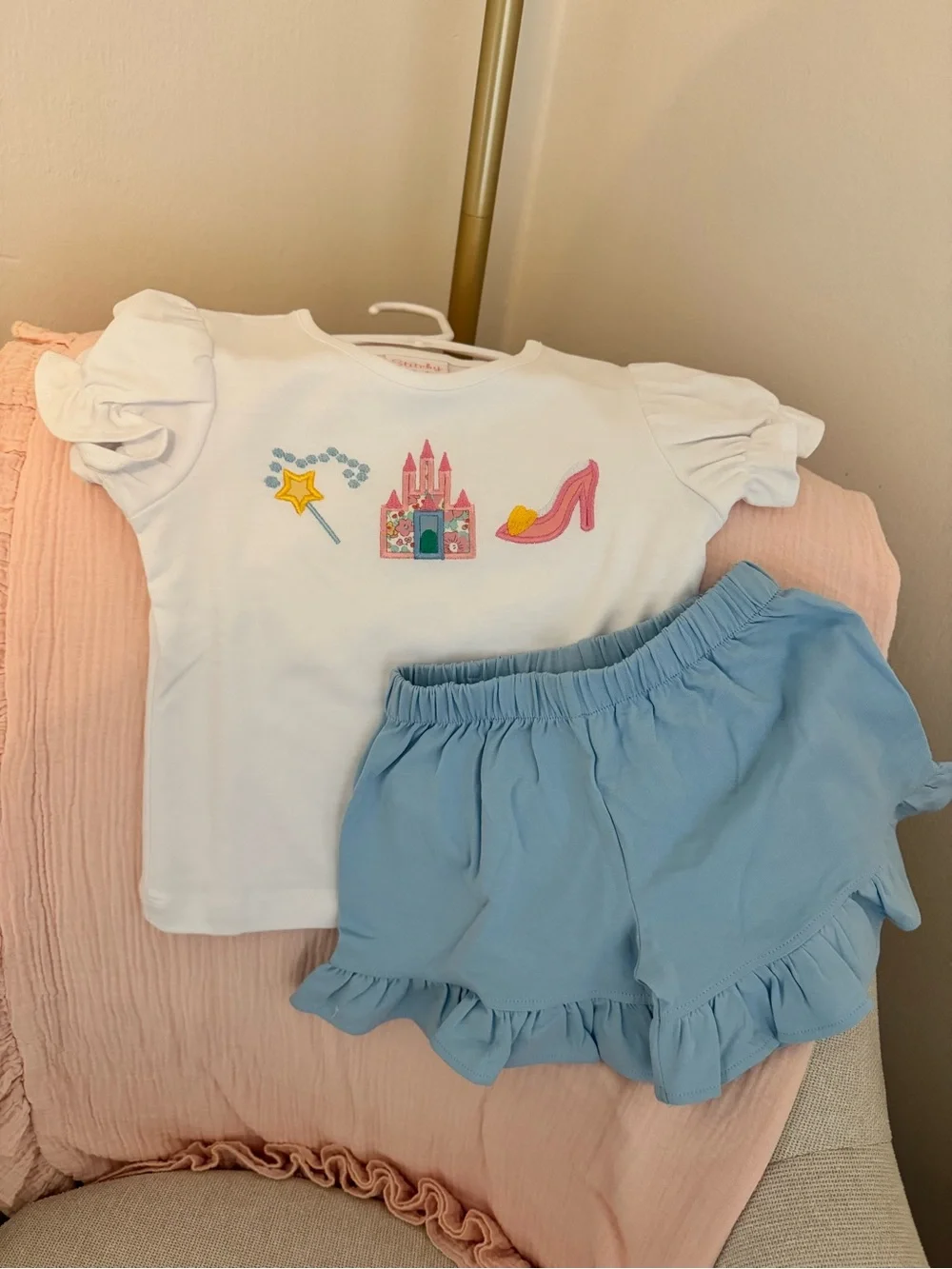 Stitchy Fish Girls White Princess Tee & Light Blue Ruffle Shorts Set